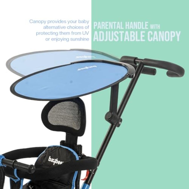Toddler tricycle for outdoor play, durable steel frame, blue color, parental push handle, canopy, 360 swivel seat and cup holder - Image 5