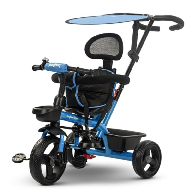 Toddler tricycle for outdoor play, durable steel frame, blue color, parental push handle, canopy, 360 swivel seat and cup holder - Image 1