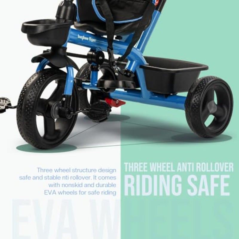 Toddler tricycle for outdoor play, durable steel frame, blue color, parental push handle, canopy, 360 swivel seat and cup holder - Image 2