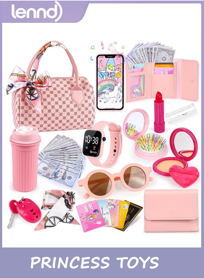 LENND Play Purse for Little Girls, 32PCS Toddler Purse with Pretend Makeup for Kids, Princess Toys Includes Handbag, Phone, Wristwatch, Silk Scarf Kids Toy Purse Birthday Gift for Girls 3 4 5 6 + 