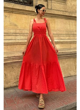 For You Moda فستان طويل برتقالي مزخرف بجلتر وشرائط من قماش سييرسوكير  - Image 1