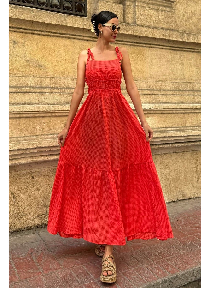 For You Moda فستان طويل برتقالي مزخرف بجلتر وشرائط من قماش سييرسوكير  - Image 1