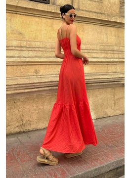 For You Moda فستان طويل برتقالي مزخرف بجلتر وشرائط من قماش سييرسوكير  - Image 4