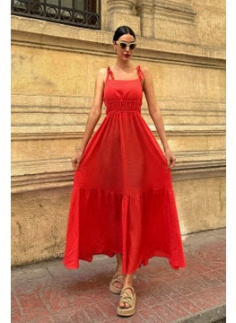 For You Moda فستان طويل برتقالي مزخرف بجلتر وشرائط من قماش سييرسوكير  - Image 3