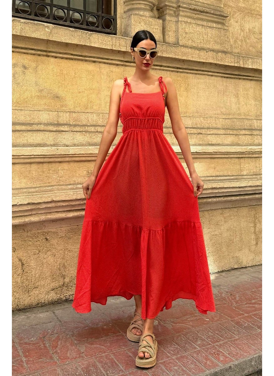 For You Moda فستان طويل برتقالي مزخرف بجلتر وشرائط من قماش سييرسوكير  - Image 3
