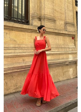 For You Moda فستان طويل برتقالي مزخرف بجلتر وشرائط من قماش سييرسوكير  - Image 5