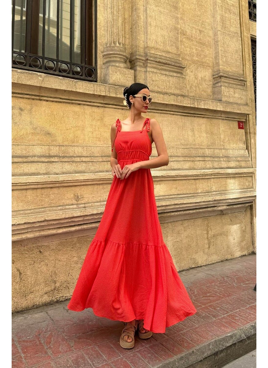 For You Moda فستان طويل برتقالي مزخرف بجلتر وشرائط من قماش سييرسوكير  - Image 5