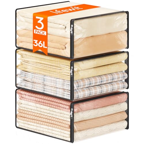 Lifewit 36L Clear Sheet Storage Bags with Zipper 3 Pack Plastic Sweater Storage Bins for Clothing Vinyl Foldable Clothes Containers Organizers for Closet Blankets Bedding 177 x 157 x 79 Inch - Image 1