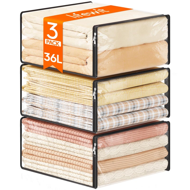 Lifewit 36L Clear Sheet Storage Bags with Zipper 3 Pack Plastic Sweater Storage Bins for Clothing Vinyl Foldable Clothes Containers Organizers for Closet Blankets Bedding 177 x 157 x 79 Inch - Image 2