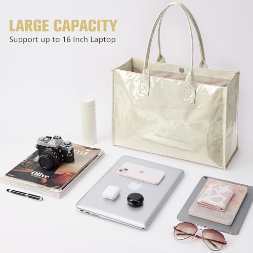 KALIDI FANCY FOREST KALIDI PVC Tote Bag Women’s Kraft Paper Work Handbags Purses with Top Handle,Beige - Image 3