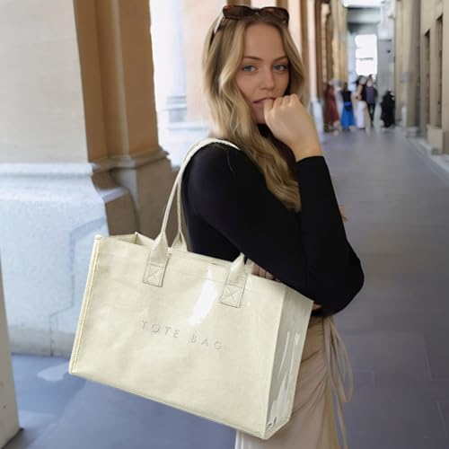 KALIDI FANCY FOREST KALIDI PVC Tote Bag Women’s Kraft Paper Work Handbags Purses with Top Handle,Beige - Image 5