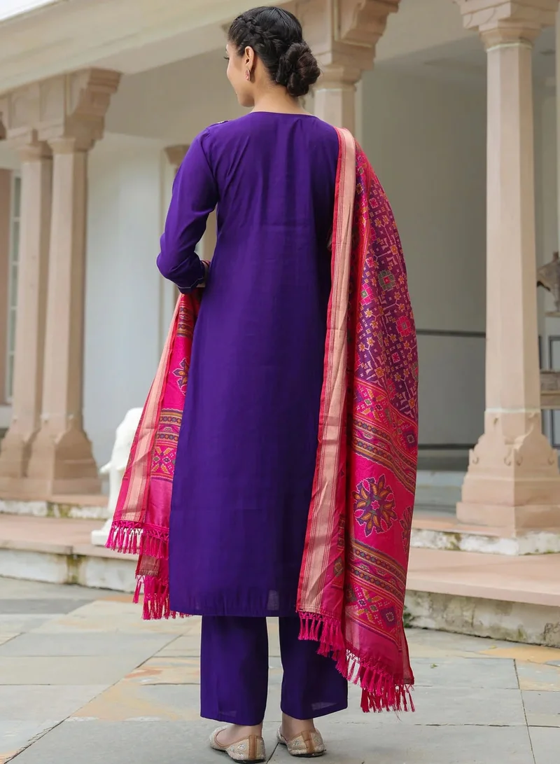 PRIYA’S PANACHE Purple Women's Muslin Straight Fit Kurta & Pant Set with Zari Embroidery & Patola Print Dupatta | Ethnic Wear for Women | Best Price UAE