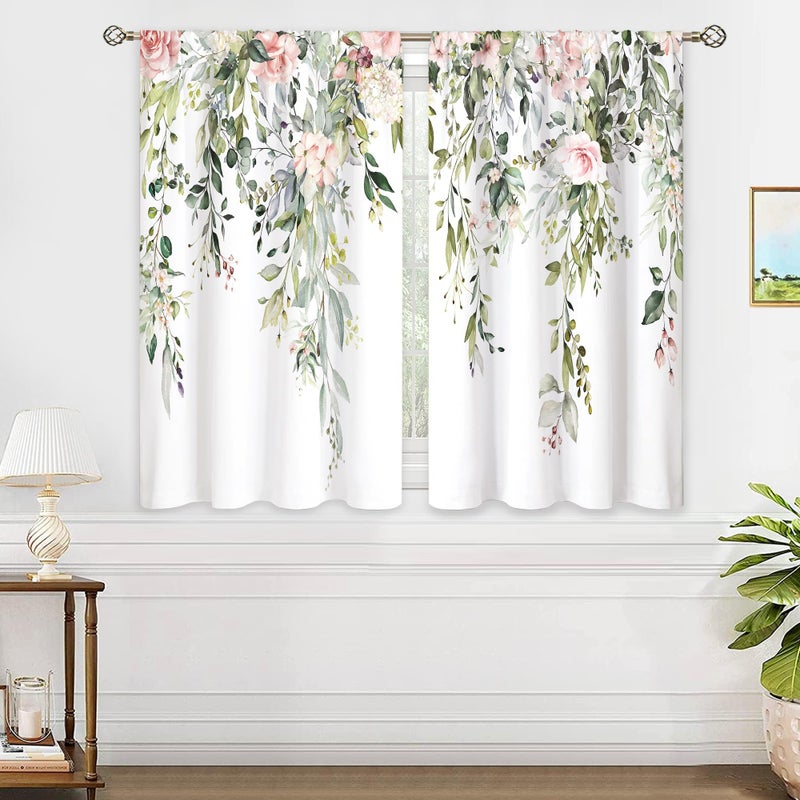 oolygoo Eucalyptus Botanical Leaves Pink Rose Floral Kitchen Window Curtains Flower Plant Leaf Small Window Treatment Sage Green Cafe Short Curtains for Bathroom Treatment Tier Drapes 42x45 inch - Image 4