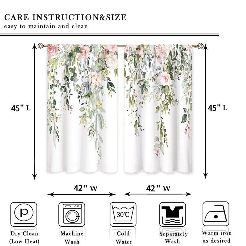 oolygoo Eucalyptus Botanical Leaves Pink Rose Floral Kitchen Window Curtains Flower Plant Leaf Small Window Treatment Sage Green Cafe Short Curtains for Bathroom Treatment Tier Drapes 42x45 inch - Image 2