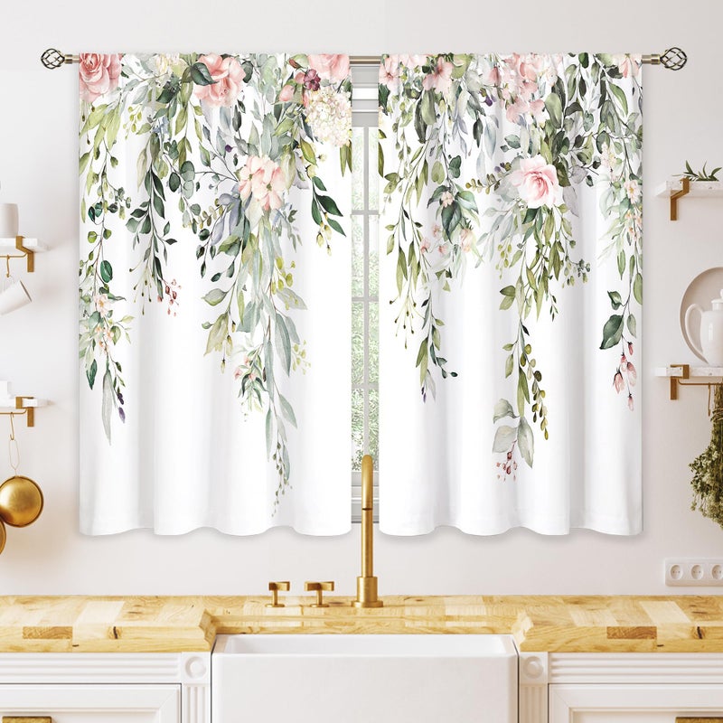 oolygoo Eucalyptus Botanical Leaves Pink Rose Floral Kitchen Window Curtains Flower Plant Leaf Small Window Treatment Sage Green Cafe Short Curtains for Bathroom Treatment Tier Drapes 42x45 inch - Image 1