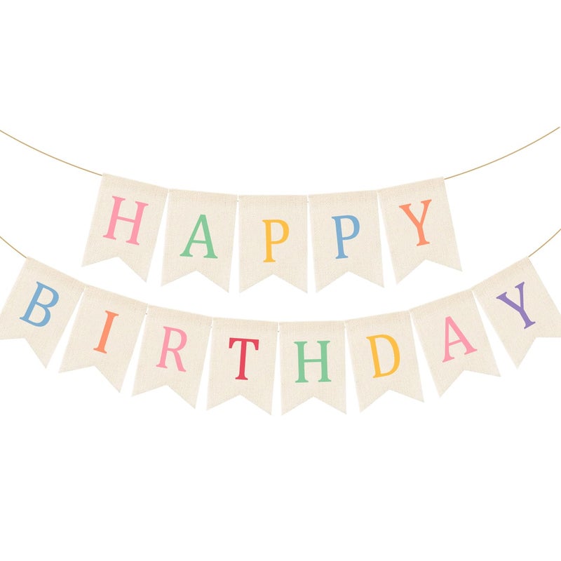 Doumeny Happy Birthday Burlap Banner Boho Birthday Bunting Garland Pastel Bohemian Sign Party Banner White Hanging Garland Rainbow Birthday Bunting Falg for Home Mantel Fireplace Nursery Backdrop - Image 1