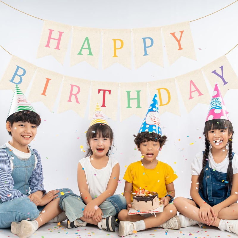 Doumeny Happy Birthday Burlap Banner Boho Birthday Bunting Garland Pastel Bohemian Sign Party Banner White Hanging Garland Rainbow Birthday Bunting Falg for Home Mantel Fireplace Nursery Backdrop - Image 3
