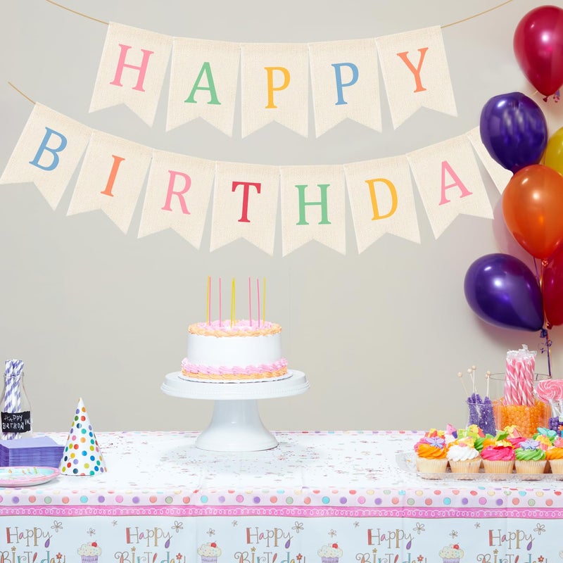 Doumeny Happy Birthday Burlap Banner Boho Birthday Bunting Garland Pastel Bohemian Sign Party Banner White Hanging Garland Rainbow Birthday Bunting Falg for Home Mantel Fireplace Nursery Backdrop - Image 4