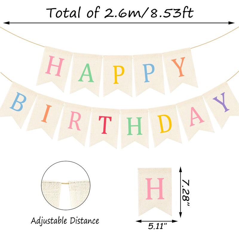 Doumeny Happy Birthday Burlap Banner Boho Birthday Bunting Garland Pastel Bohemian Sign Party Banner White Hanging Garland Rainbow Birthday Bunting Falg for Home Mantel Fireplace Nursery Backdrop - Image 2