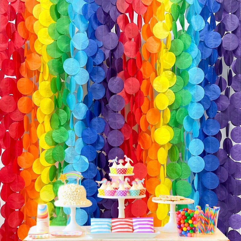 pinkblume 205Ft Rainbow Party Decorations Big Polka Dots Tissue Paper Backdrop Streamer Colorful Circle Dots Hanging Curtain Garland for Birthday Fiesta Carnival Baby Shower Wedding Engagement Party Supplies - Image 1