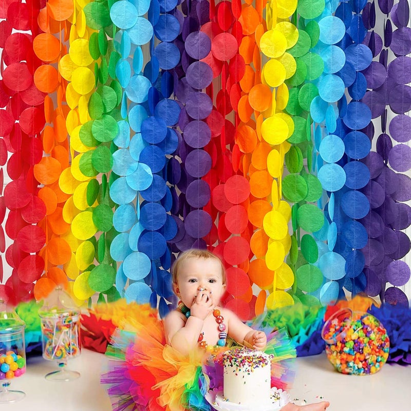 pinkblume 205Ft Rainbow Party Decorations Big Polka Dots Tissue Paper Backdrop Streamer Colorful Circle Dots Hanging Curtain Garland for Birthday Fiesta Carnival Baby Shower Wedding Engagement Party Supplies - Image 4