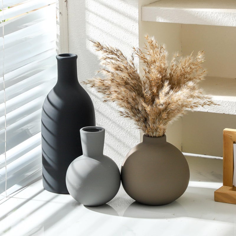 ooit Ceramic Vase Set of 3 | Neutral Vases Home Decor | Modern Flower Pottery Vases Rustic Farmhouse Vase for Table Entryway Mantel Centerpiece Bookshelf Living Room Bathroom Bedroom -Multicolor Large - Image 4