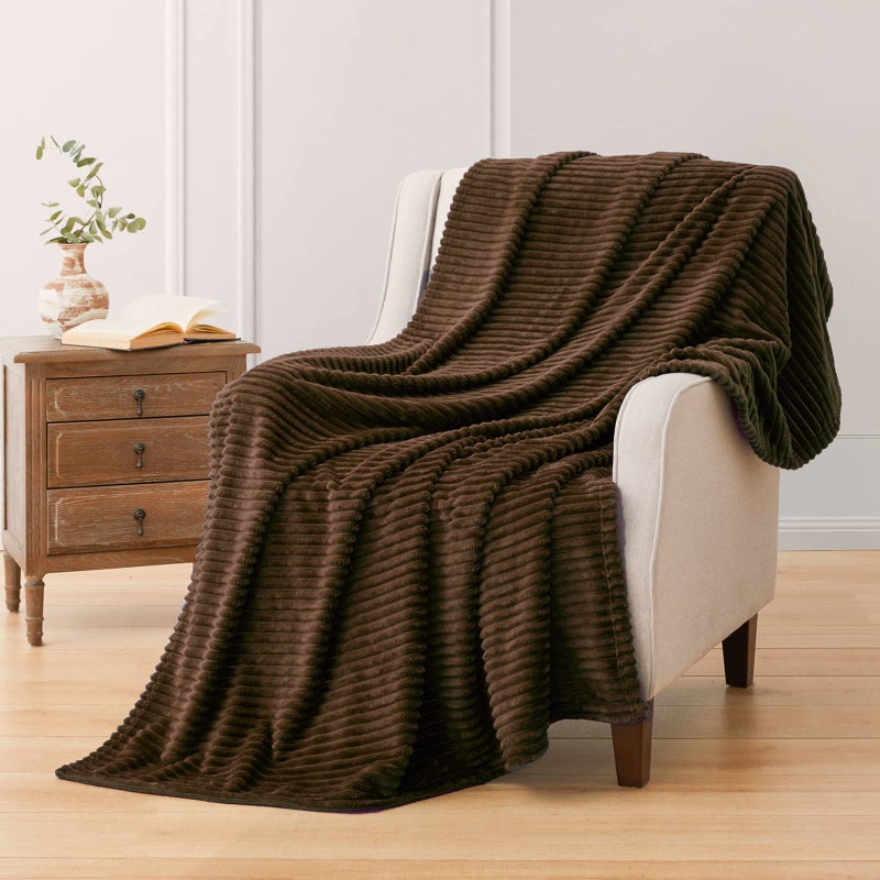 Vessia Flannel Fleece Throw Blanket  300GSM Cozy Brown Striped Throw Blanket for Couch  Sofa and Bed  Warm and Soft Chocolate Microfiber Ribbed Blanket for All Season(50x40inch) - Image 1
