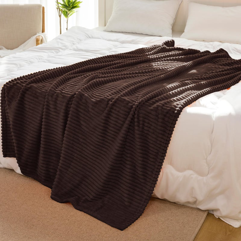 Vessia Flannel Fleece Throw Blanket  300GSM Cozy Brown Striped Throw Blanket for Couch  Sofa and Bed  Warm and Soft Chocolate Microfiber Ribbed Blanket for All Season(50x40inch) - Image 5