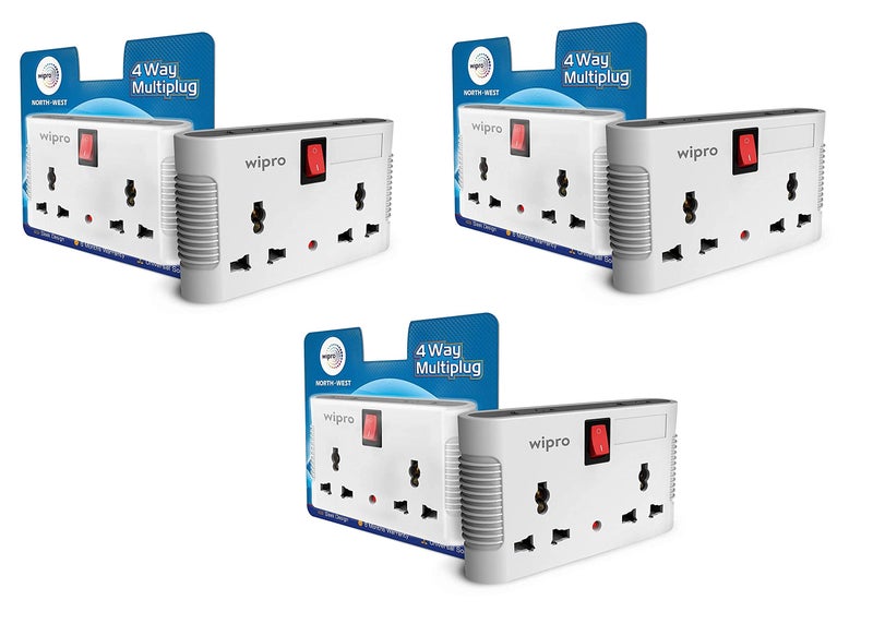Wipro 4 Way Multiplug Adaptor with 2 Universal Sockets |Inbuilt Surge Protection & Power supply Indicator | Compact & Light weight | 6Amp Multiplug socket for Home, Office | Pack of 3 (White) - Image 2