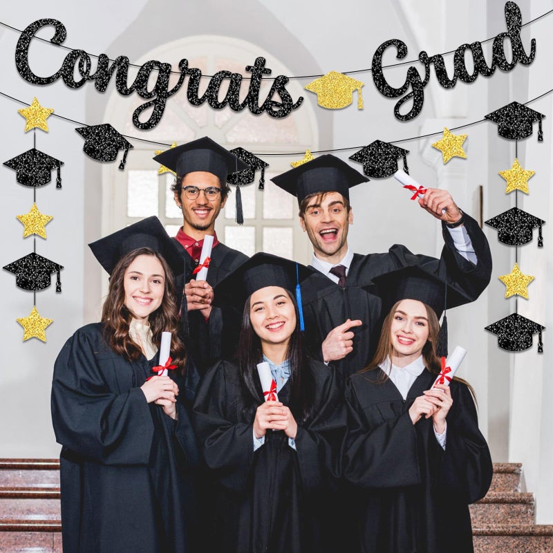 PatiCool Black and Gold Congrats Grad Banner - Pre-Strung,NO DIY,Class of 2024 Banner,2024 Graduation Decorations,Grad Congrats Sign for Senior High School College Graduation Party Decorations - Image 4