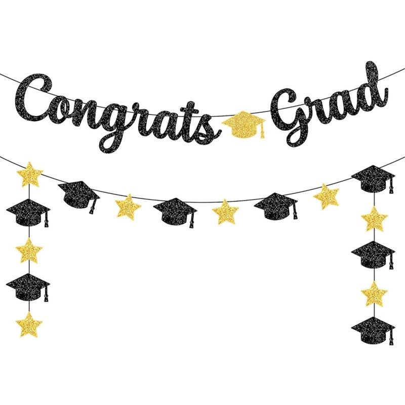 PatiCool Black and Gold Congrats Grad Banner - Pre-Strung,NO DIY,Class of 2024 Banner,2024 Graduation Decorations,Grad Congrats Sign for Senior High School College Graduation Party Decorations - Image 1