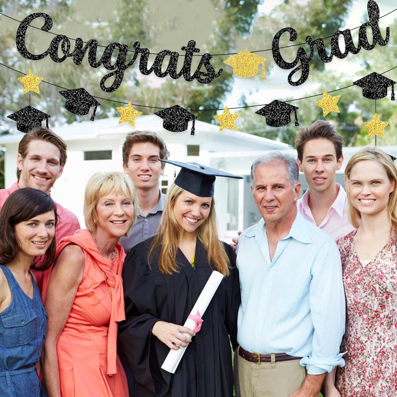 PatiCool Black and Gold Congrats Grad Banner - Pre-Strung,NO DIY,Class of 2024 Banner,2024 Graduation Decorations,Grad Congrats Sign for Senior High School College Graduation Party Decorations - Image 5