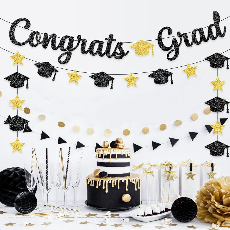 PatiCool Black and Gold Congrats Grad Banner - Pre-Strung,NO DIY,Class of 2024 Banner,2024 Graduation Decorations,Grad Congrats Sign for Senior High School College Graduation Party Decorations - Image 3