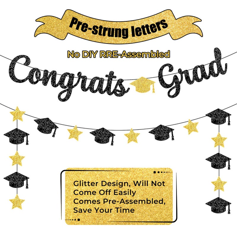 PatiCool Black and Gold Congrats Grad Banner - Pre-Strung,NO DIY,Class of 2024 Banner,2024 Graduation Decorations,Grad Congrats Sign for Senior High School College Graduation Party Decorations - Image 2