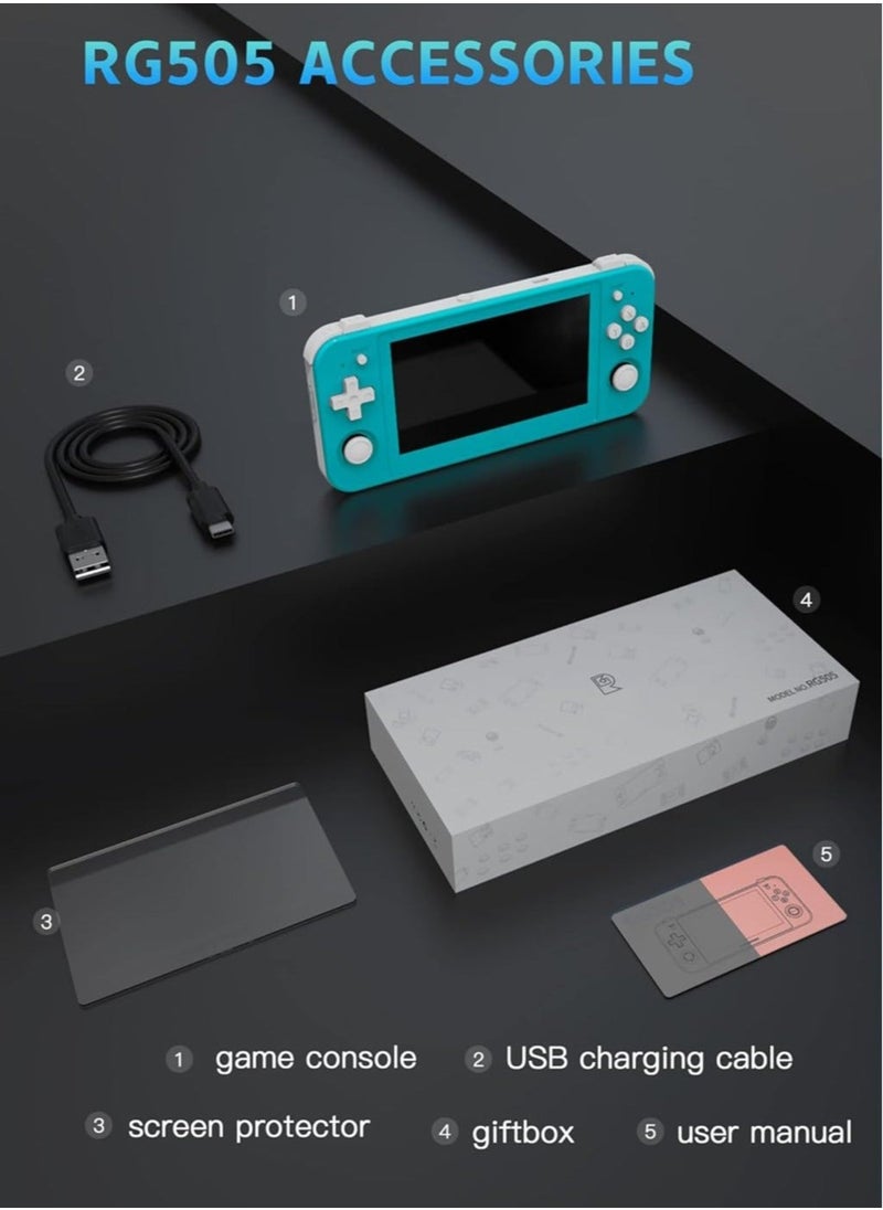 ANBERNIC  - RG505 Retro Game Handheld Game Console with 128GB TF-card Built-in 3000+ Games, 4.95-inch OLED Touch Screen with Android 12 System, Unisoc Tiger T618 and Compatible with Google Play Store (Turquoise) - Image 1