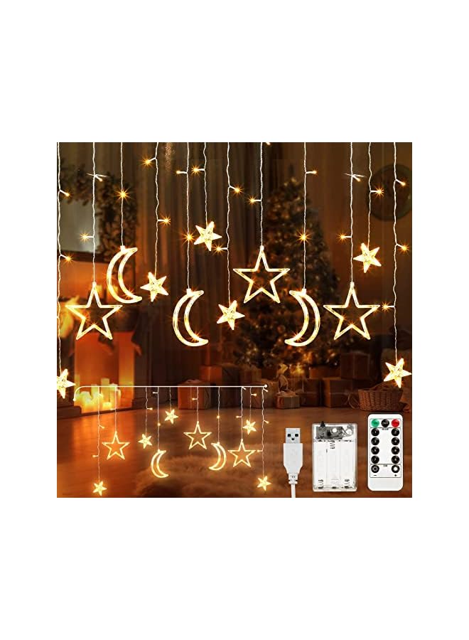 The Bros 6Pcs Ramadan Star Moon Curtain Lights, 3.5M LED Moon Star Decorative Night Lights for Ramadan Home Decoration Party Remote Control Starry Lights,Battery Box and USB Powered(Warm White) - Image 2