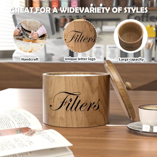 CORTNK Coffee Filter Holder, Wooden Coffee Filter Storage with Lid, RoundCoffeeFilterContainer for Counter, Rustic Bar Accessories Holder Decor (Natural) - Image 3