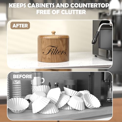 CORTNK Coffee Filter Holder, Wooden Coffee Filter Storage with Lid, RoundCoffeeFilterContainer for Counter, Rustic Bar Accessories Holder Decor (Natural) - Image 4
