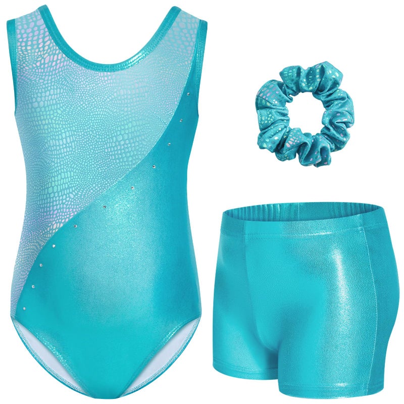 Gogokids Gymnastics Leotards for Girls Sparkly Rhinestone Dance Unitard with Shorts & Hair Scrunchie Activewear, green, 9-10 years, 140 - Image 1