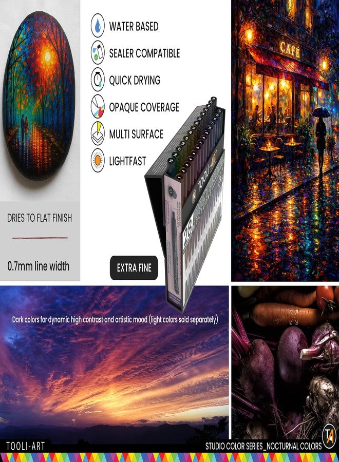 TOOLI-ART 28 Dark Nocturnal Colors Acrylic Paint Pens Studio Color Series Markers Set 0.7mm Extra Fine Tip, Rock Painting, Glass, Mugs, Wood, Metal, Canvas, DIY, Detailing. Non Toxic, Waterbased, Quick Drying - Image 5