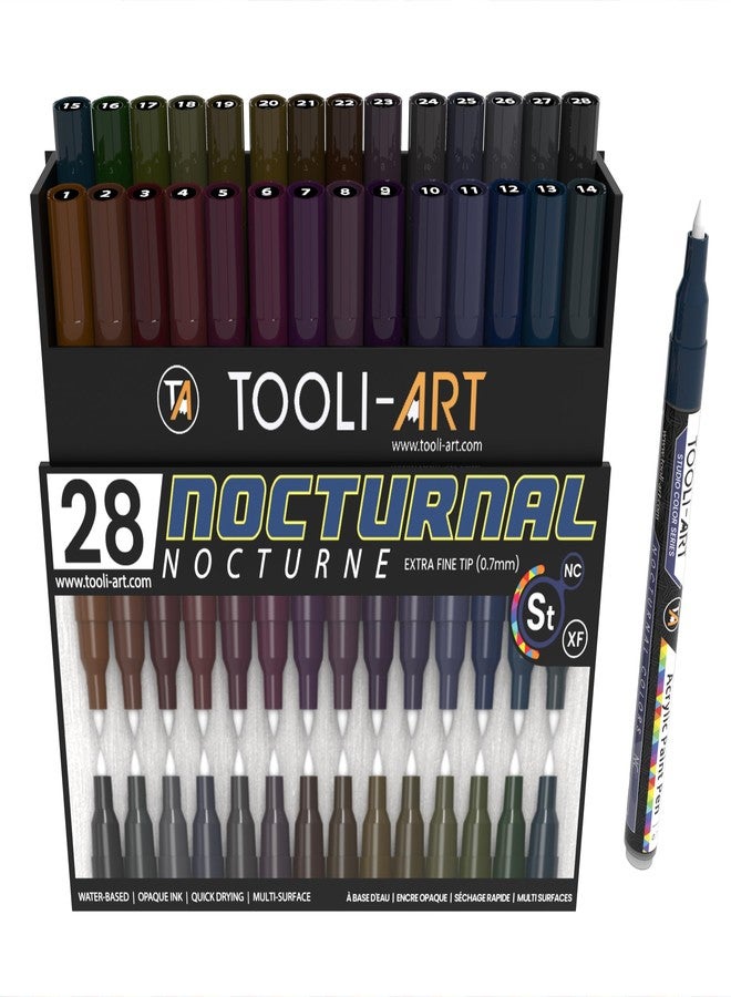 TOOLI-ART 28 Dark Nocturnal Colors Acrylic Paint Pens Studio Color Series Markers Set 0.7mm Extra Fine Tip, Rock Painting, Glass, Mugs, Wood, Metal, Canvas, DIY, Detailing. Non Toxic, Waterbased, Quick Drying - Image 1