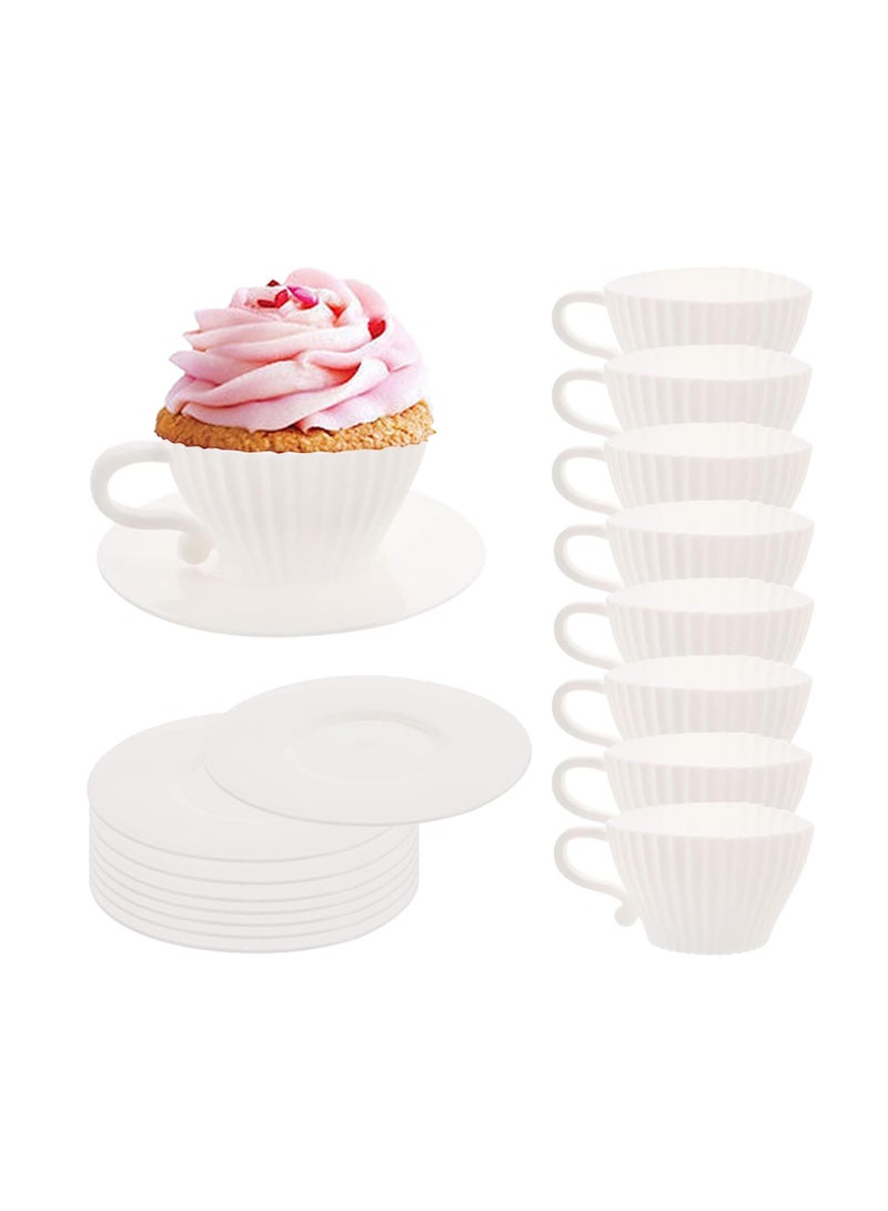 Luckam Silicone Muffin Cups for Baking Cupcake Liners Reusable Chocolate 8 Teacups with 8 Saucers White - Image 1