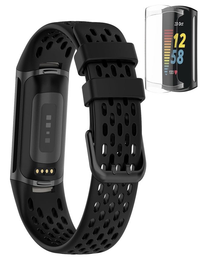 سوار YHSITFNG متوافق مع Fitbit Charge 5، سوار رياضي من السيليكون بتصميم فتحات تهوية لـ Fitbit Charge 6 / Charge 5 مع غطاء حماية شاشة شفاف من مادة TPU (أسود) - Image 1
