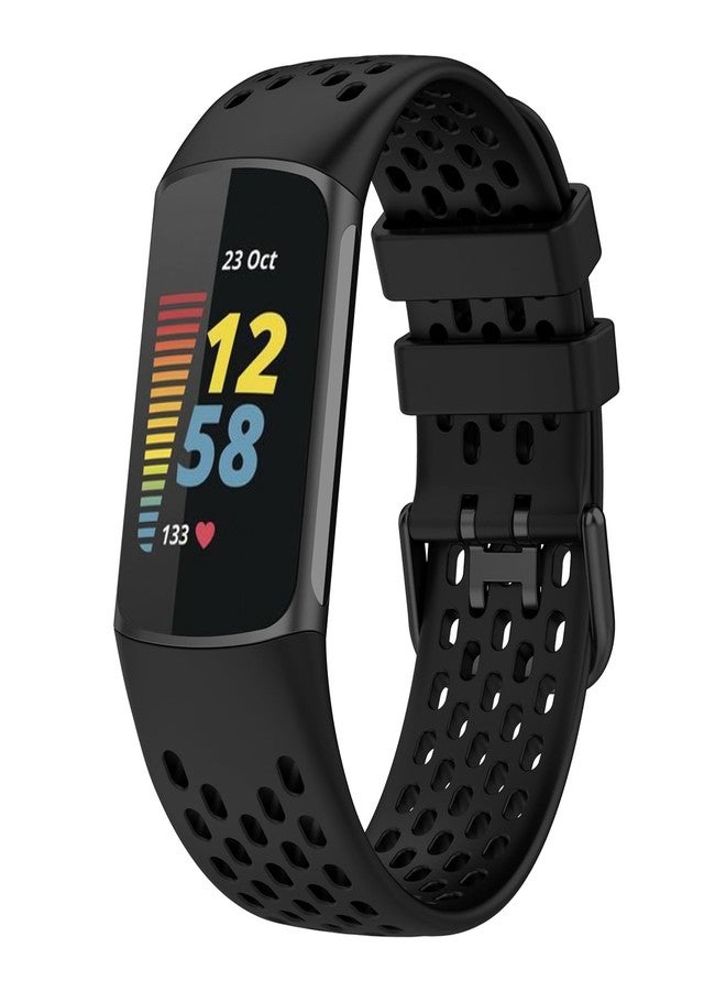 سوار YHSITFNG متوافق مع Fitbit Charge 5، سوار رياضي من السيليكون بتصميم فتحات تهوية لـ Fitbit Charge 6 / Charge 5 مع غطاء حماية شاشة شفاف من مادة TPU (أسود) - Image 2