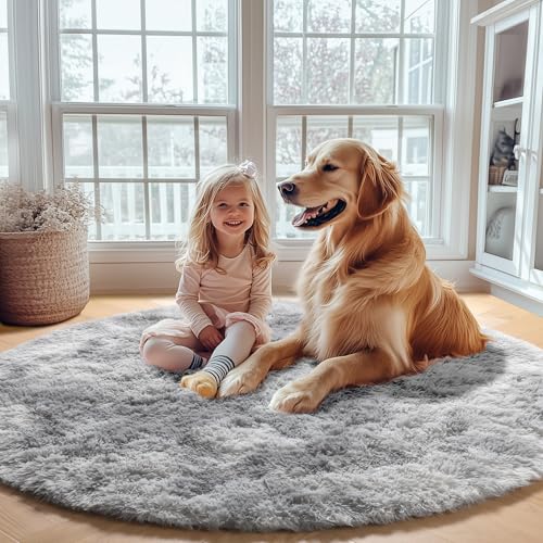ONASAR Tie-Dyed Light Grey Round Area Rugs 6ft, Ultra Soft Bedroom Circle Rug for Kids Girls Boys Teen Room, Fluffy Plush Shaggy Carpet Floor Mats for Dorm Nursery Living Room Playroom Home Decor - Image 5