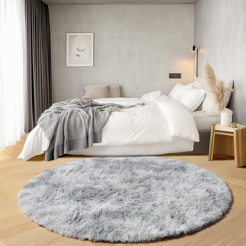 ONASAR Tie-Dyed Light Grey Round Area Rugs 6ft, Ultra Soft Bedroom Circle Rug for Kids Girls Boys Teen Room, Fluffy Plush Shaggy Carpet Floor Mats for Dorm Nursery Living Room Playroom Home Decor - Image 3