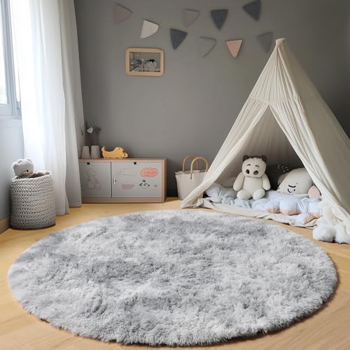 ONASAR Tie-Dyed Light Grey Round Area Rugs 6ft, Ultra Soft Bedroom Circle Rug for Kids Girls Boys Teen Room, Fluffy Plush Shaggy Carpet Floor Mats for Dorm Nursery Living Room Playroom Home Decor - Image 4