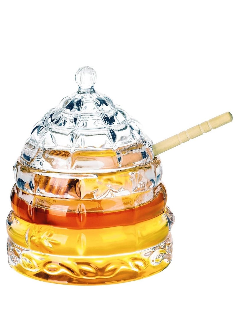 SYOSI Glass Honey Jars with Dipper and Lid Crystal Clear Honeycomb Wooden Stick Holder Heavy Glass Honey Pot Honey Containers Holder for Jam Jelly Syrup Home Kitchen Storage 330ML  - Image 1