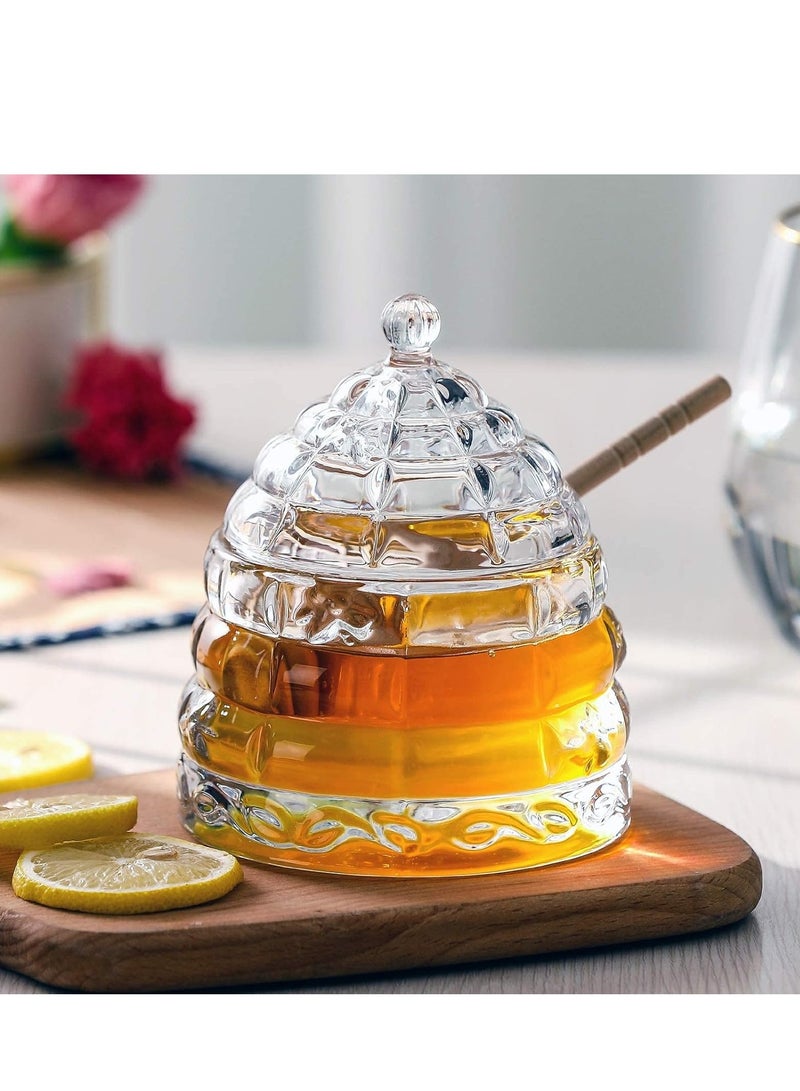 SYOSI Glass Honey Jars with Dipper and Lid Crystal Clear Honeycomb Wooden Stick Holder Heavy Glass Honey Pot Honey Containers Holder for Jam Jelly Syrup Home Kitchen Storage 330ML  - Image 2