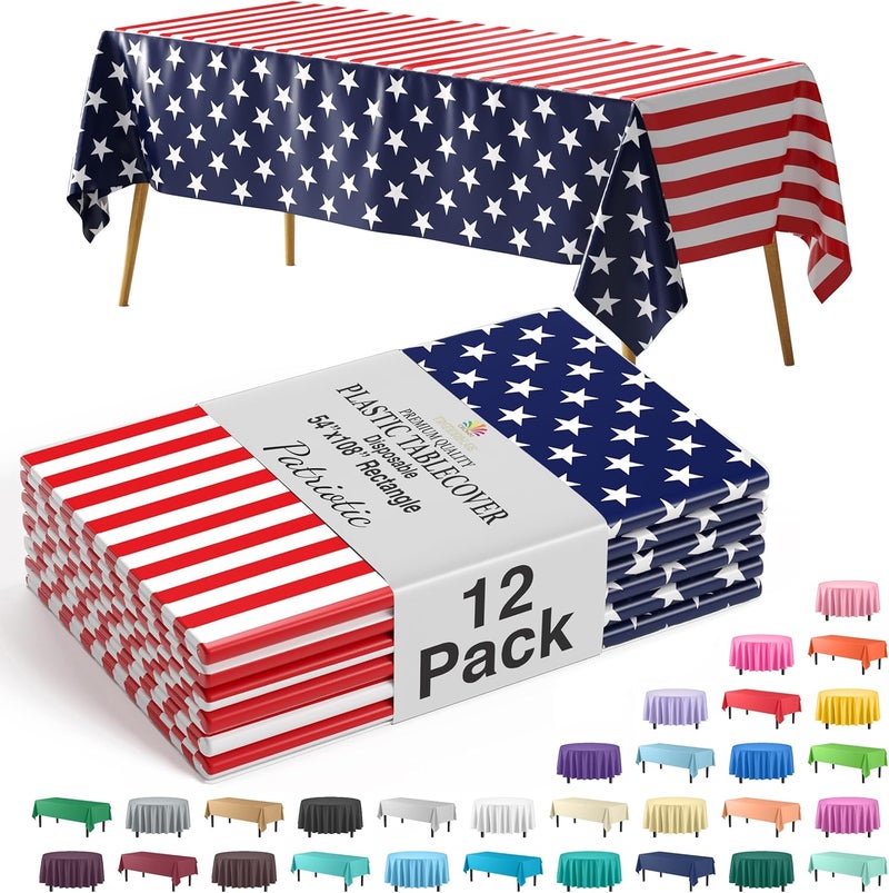 Exquisite Party Solids 12-Pack Premium Rectangle American Flag Design Plastic Tablecloth - USA Stars and Stripes Tablecloth Disposable Plastic Table Cover for July 4th - 54 inch. x 108 inch. - Image 1